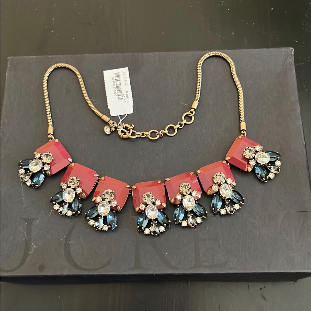 NWT J.Crew Art Deco Blue, Gray, Red Crystal Glass Bib Statement Necklace